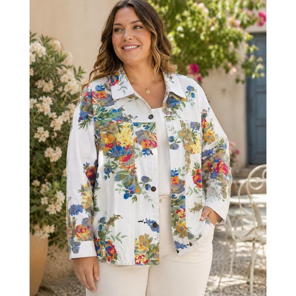 Susan Graver Jackets & Blazers - Susan Graver Floral Denim Trucker Jacket White Cotton Button Front Plus Size 1X